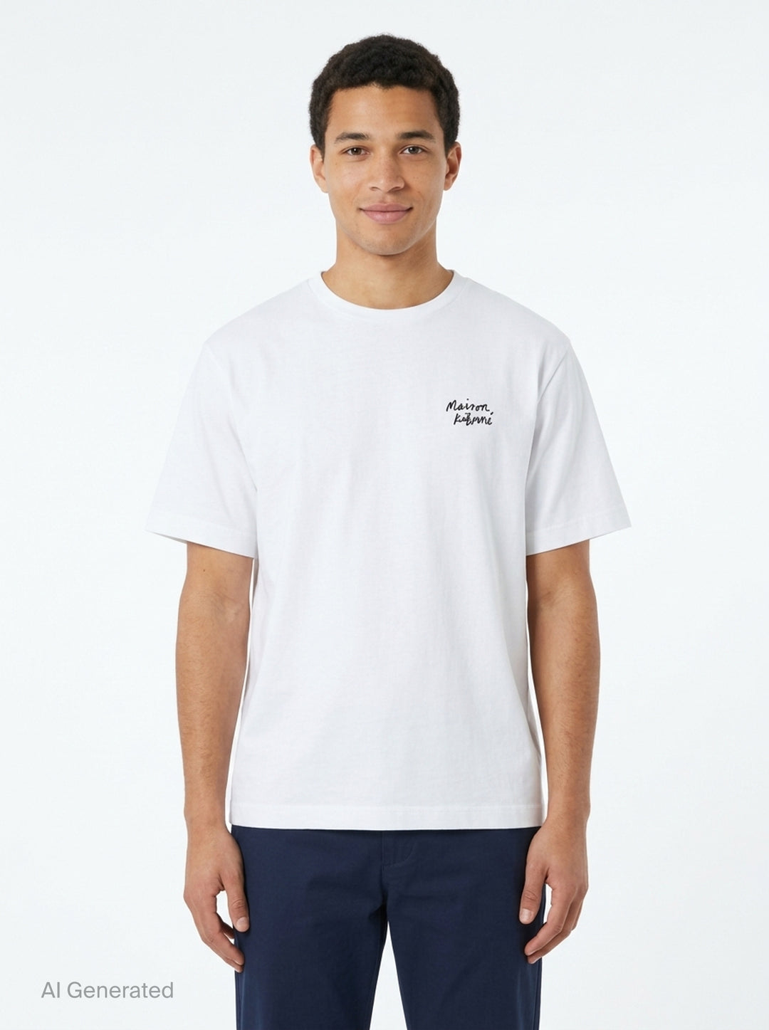 Maison Kitsuné Handwriting Oversized Tee in black with embroidered white script logo on the chest, front view - front
