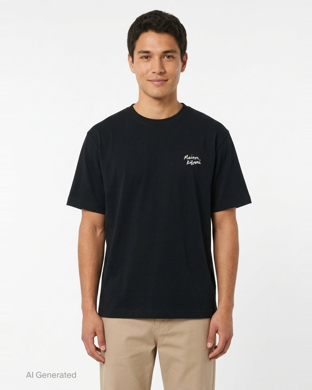 Maison Kitsuné Handwriting Oversized Tee in black with embroidered white script logo on the chest, front view - front