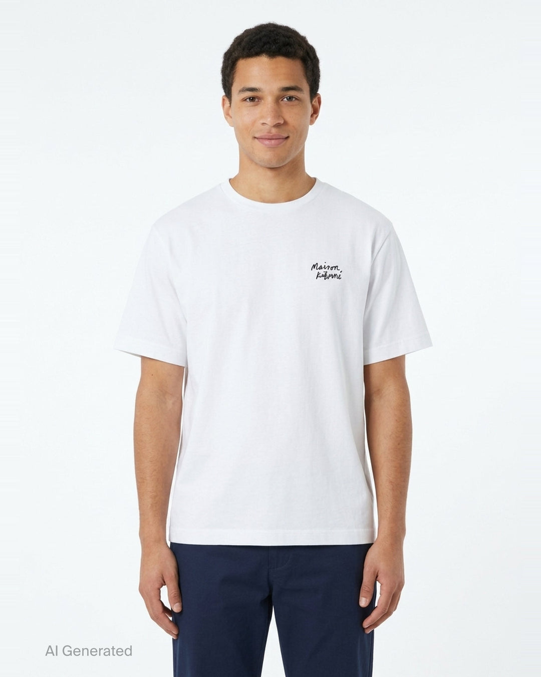 Maison Kitsuné Handwriting Oversized Tee in black with embroidered white script logo on the chest, front view - front