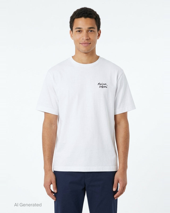 Maison Kitsuné Handwriting Oversized Tee in black with embroidered white script logo on the chest, front view - front