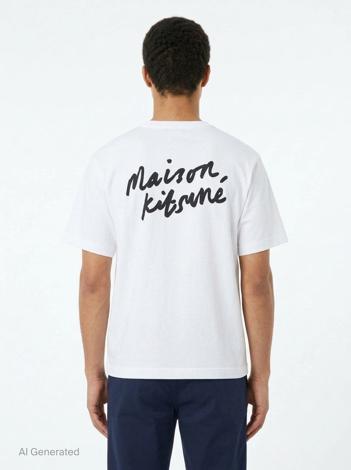 Maison Kitsuné Handwriting Oversized Tee in black with embroidered white script logo on the chest, front view - back