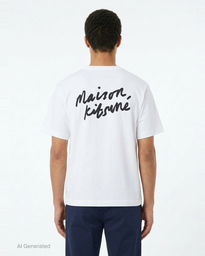 Maison Kitsuné Handwriting Oversized Tee in black with embroidered white script logo on the chest, front view - back