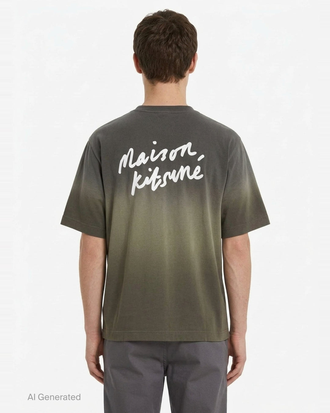 Maison Kitsuné Handwriting Short Sleeve Tee in washed slate blue with embroidered script logo at the chest, shown front-facing on a plain white background - back