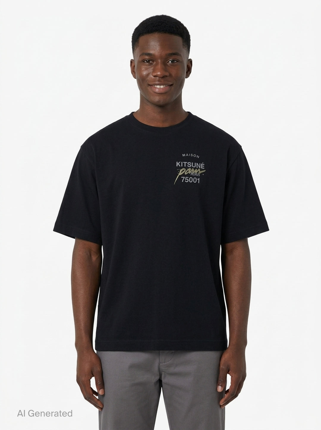 Maison Kitsuné MMII Profile Fox Oversize Tee in black with typographic chest graphic reading Maison Kitsuné Paris MMII 75001, crew neck, short sleeves, relaxed fit - front