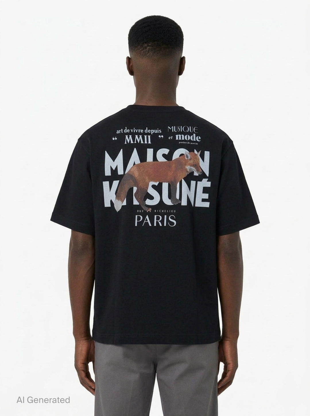 Maison Kitsuné MMII Profile Fox Oversize Tee in black with typographic chest graphic reading Maison Kitsuné Paris MMII 75001, crew neck, short sleeves, relaxed fit - back