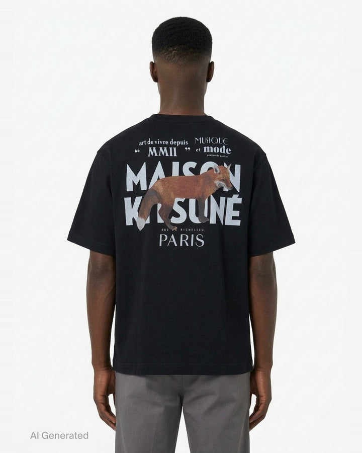 Maison Kitsuné MMII Profile Fox Oversize Tee in black with typographic chest graphic reading Maison Kitsuné Paris MMII 75001, crew neck, short sleeves, relaxed fit - back