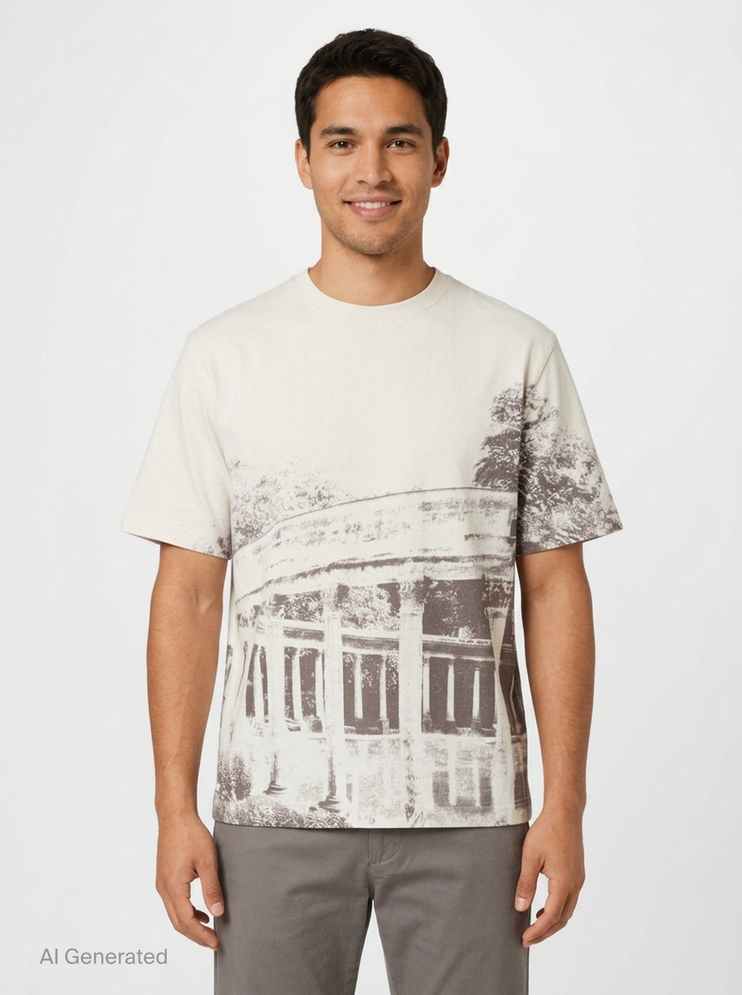 Maison Kitsuné Parc Monceau Oversize Tee in cream with a monochromatic photographic print of a neoclassical colonnade and trees across the front - front