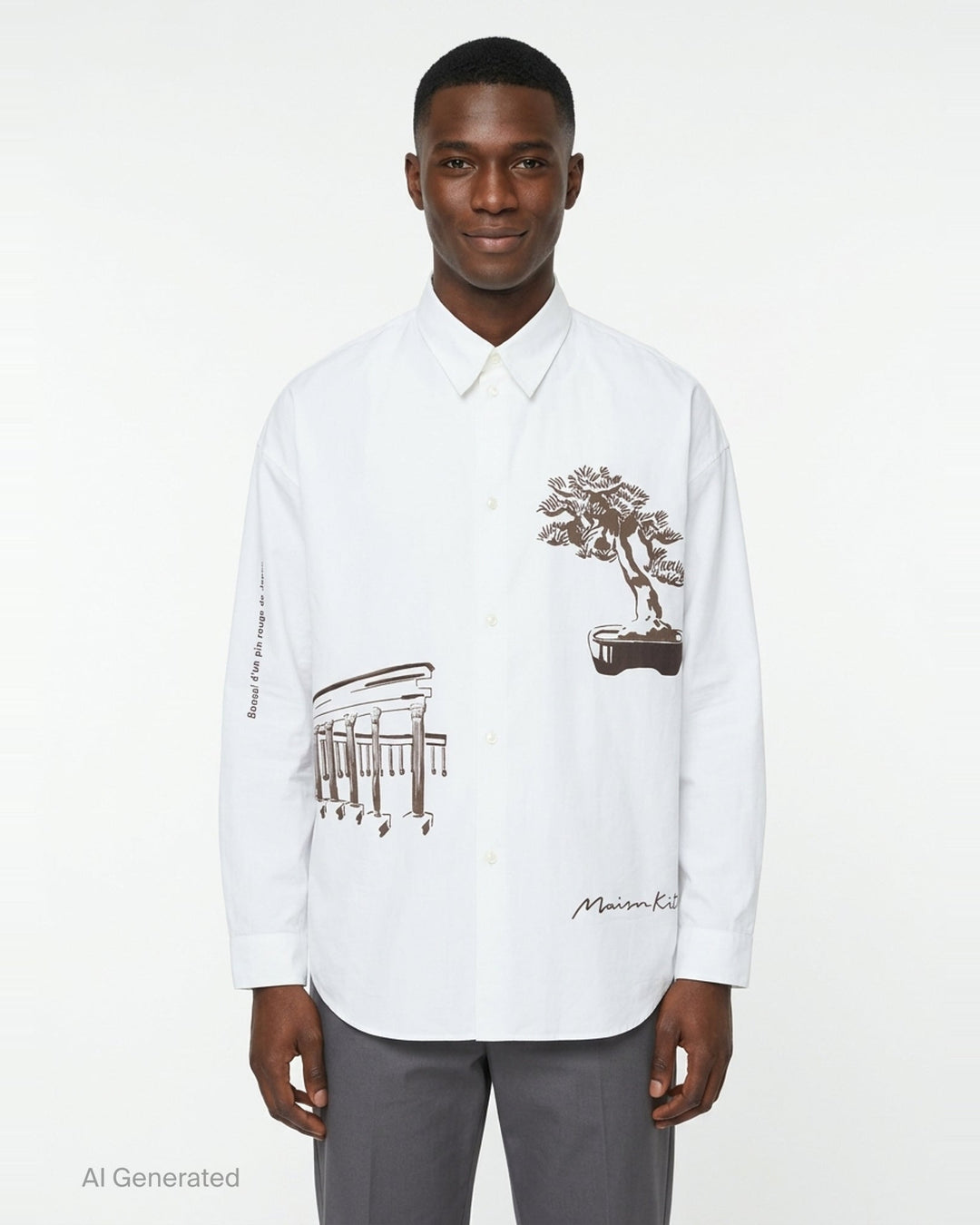Maison Kitsuné Parcs of Paris Oversize Shirt in white, featuring brown bonsai tree and colonnade graphic prints on the body and a signature script logo at the hem - front