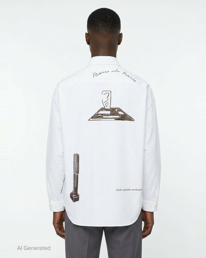 Maison Kitsuné Parcs of Paris Oversize Shirt in white, featuring brown bonsai tree and colonnade graphic prints on the body and a signature script logo at the hem - back