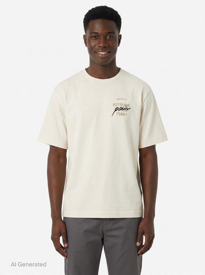 Maison Kitsuné Paris 75001 Oversized Tee in cream with typographic chest graphic featuring Maison Kitsuné and 75001 branding - front