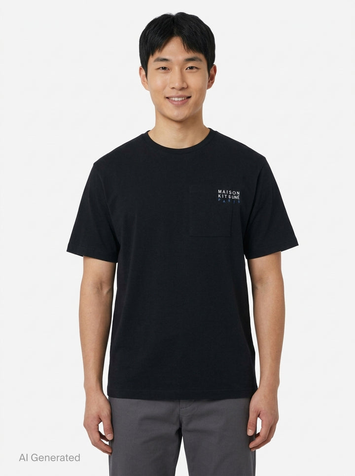 Maison Kitsuné black Patch Pocket Comfort Tee with embroidered 'Maison Kitsuné Paris' wordmark above a chest patch pocket, shown from the front - front