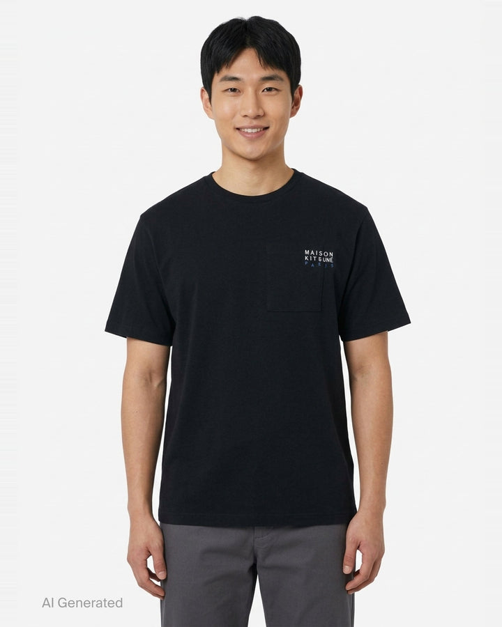 Maison Kitsuné black Patch Pocket Comfort Tee with embroidered 'Maison Kitsuné Paris' wordmark above a chest patch pocket, shown from the front - front
