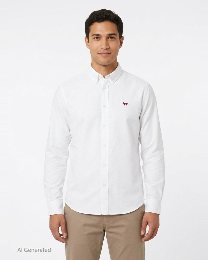 Maison Kitsuné Profile Fox Casual Long Sleeve Shirt in white with burgundy fox embroidery at the chest and button-down collar - front