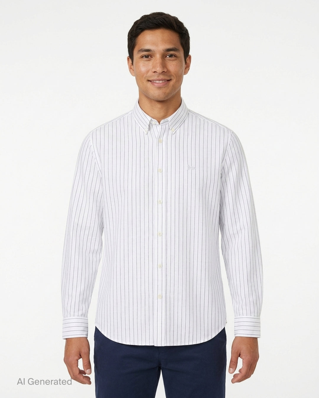 Maison Kitsuné Profile Fox white long sleeve shirt with fine vertical stripes, button-down collar and tonal fox embroidery on the chest - front