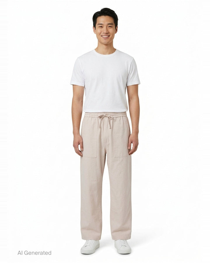 Maison Kitsuné Workwear Wide Leg Pants in blush beige with elasticated drawstring waist and front patch pockets, straight wide-leg silhouette, front view on white background - front