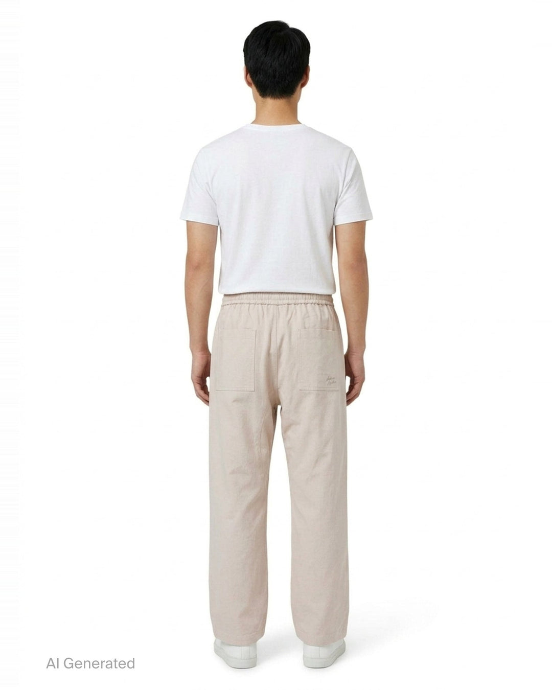 Maison Kitsuné Workwear Wide Leg Pants in blush beige with elasticated drawstring waist and front patch pockets, straight wide-leg silhouette, front view on white background - back