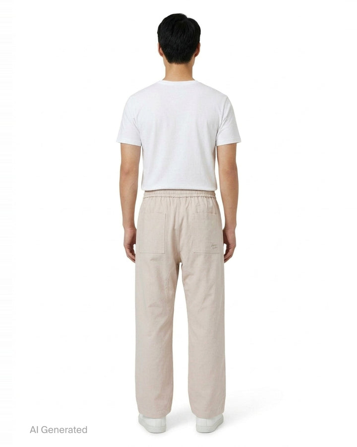 Maison Kitsuné Workwear Wide Leg Pants in blush beige with elasticated drawstring waist and front patch pockets, straight wide-leg silhouette, front view on white background - back