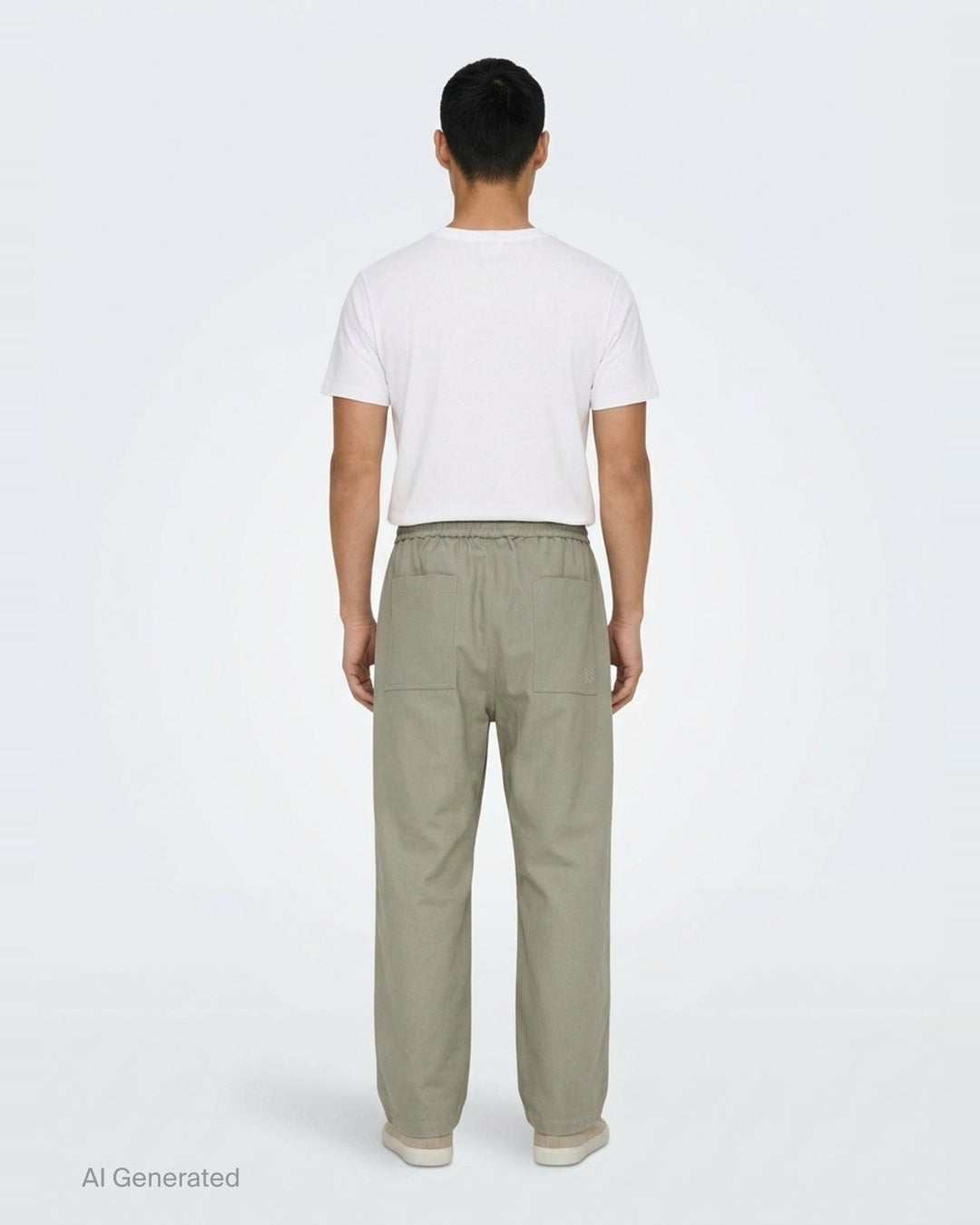 Maison Kitsuné Workwear Wide Leg Pants in blush beige with elasticated drawstring waist and front patch pockets, straight wide-leg silhouette, front view on white background - back