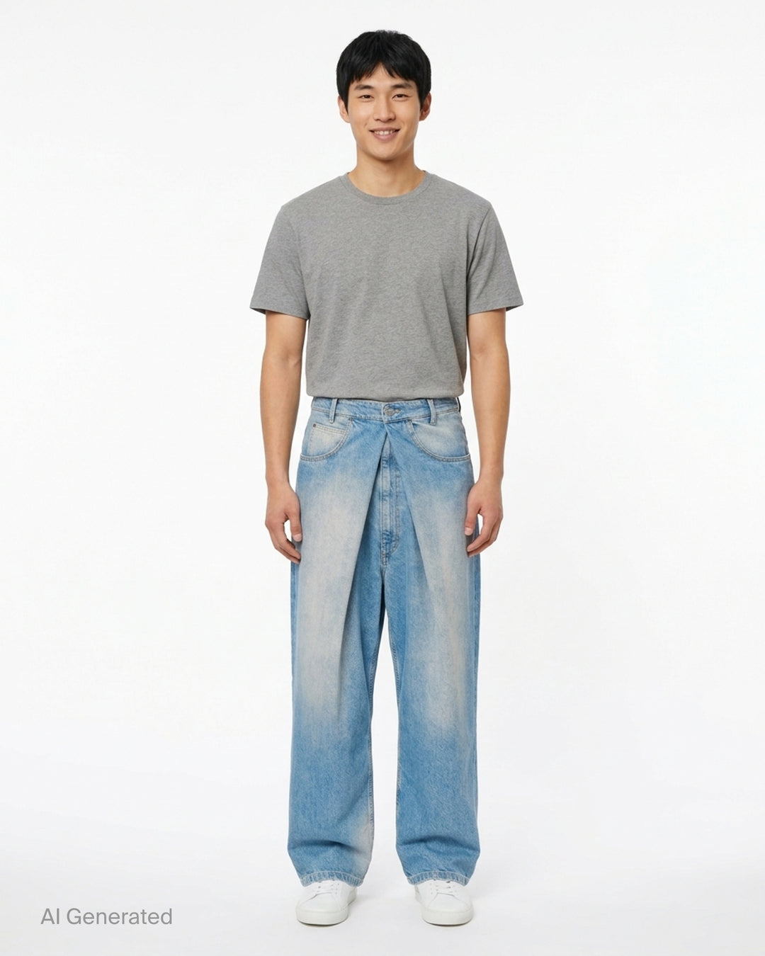 Maison Margiela light blue faded wide-leg jeans with pleated front panel and hook closure, front view - front