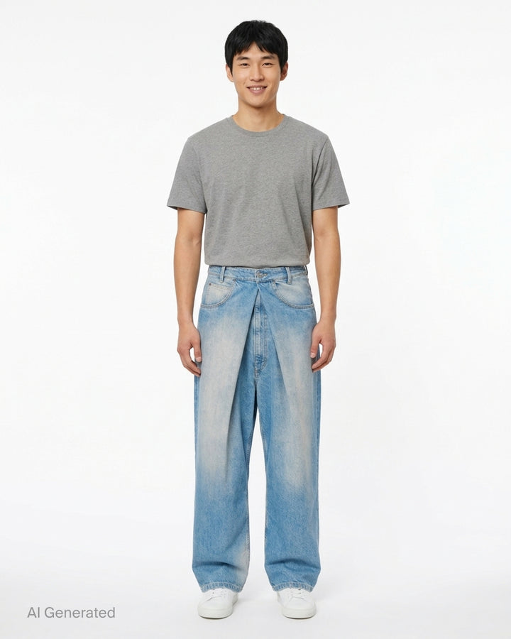 Maison Margiela light blue faded wide-leg jeans with pleated front panel and hook closure, front view - front