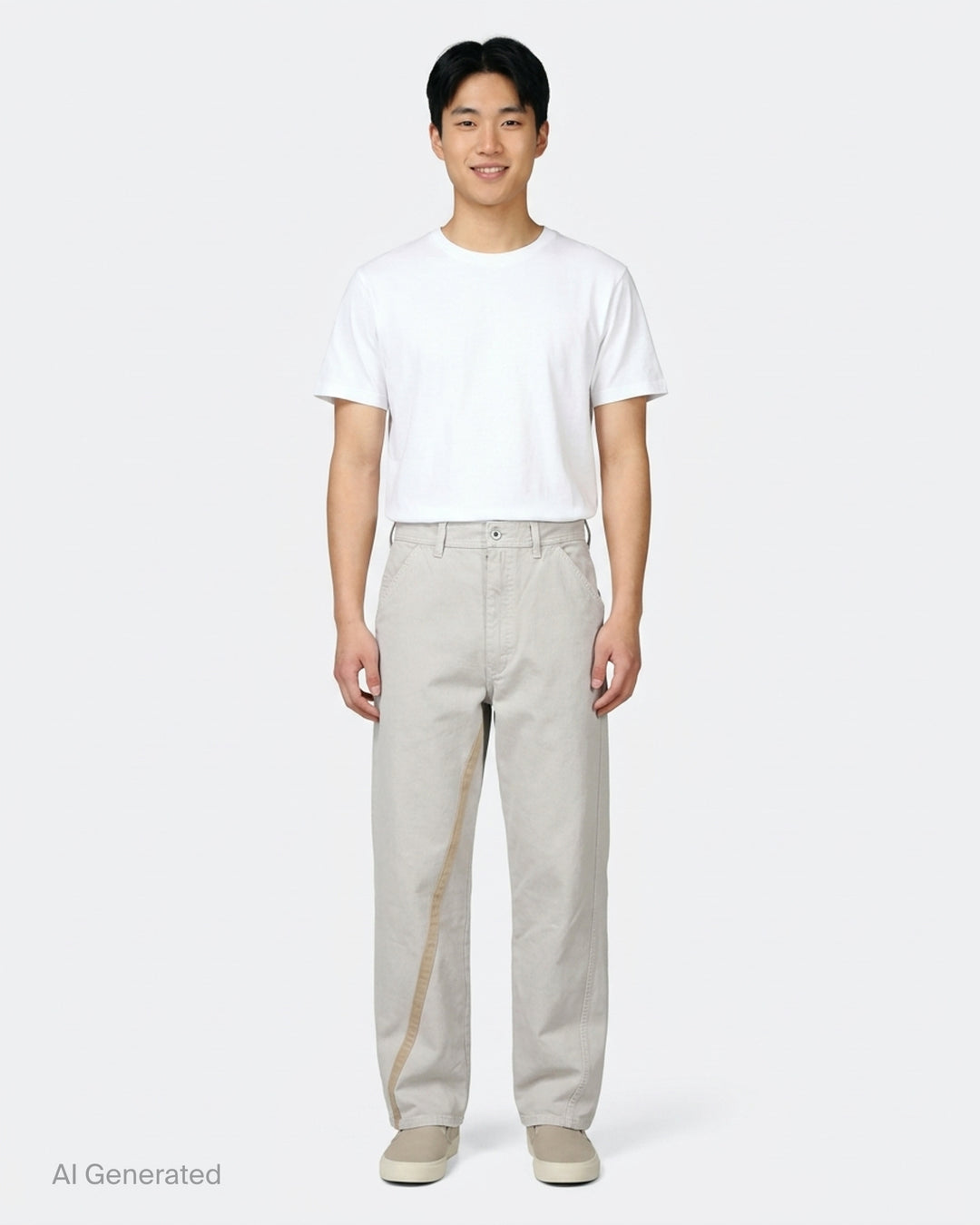 Maison Margiela stone cotton pants with a twisted seam and contrast tan tape trim, shown from the front - front