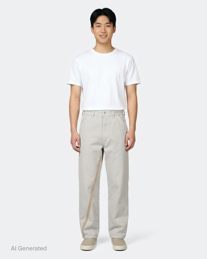 Maison Margiela stone cotton pants with a twisted seam and contrast tan tape trim, shown from the front - front