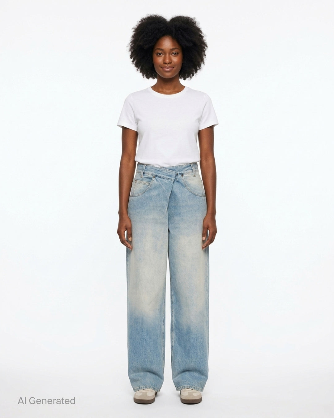 Maison Margiela wrap denim trousers in faded light-blue wash with asymmetric crossover waistband and wide straight leg - front