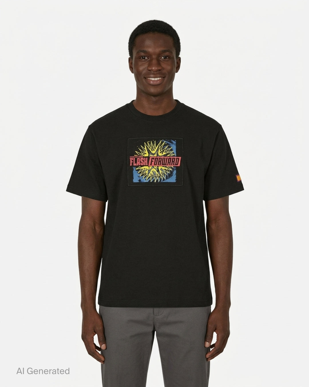 Martine Rose black short-sleeve T-shirt with a yellow, red and blue Flash Forward graphic patch on the chest - front