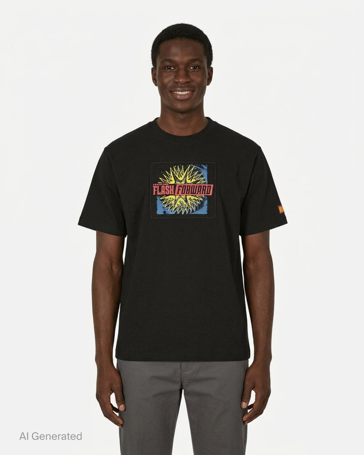 Martine Rose black short-sleeve T-shirt with a yellow, red and blue Flash Forward graphic patch on the chest - front