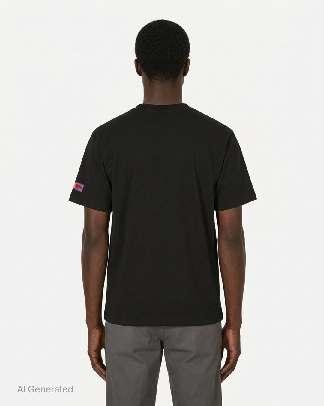 Martine Rose black short-sleeve T-shirt with a yellow, red and blue Flash Forward graphic patch on the chest - back