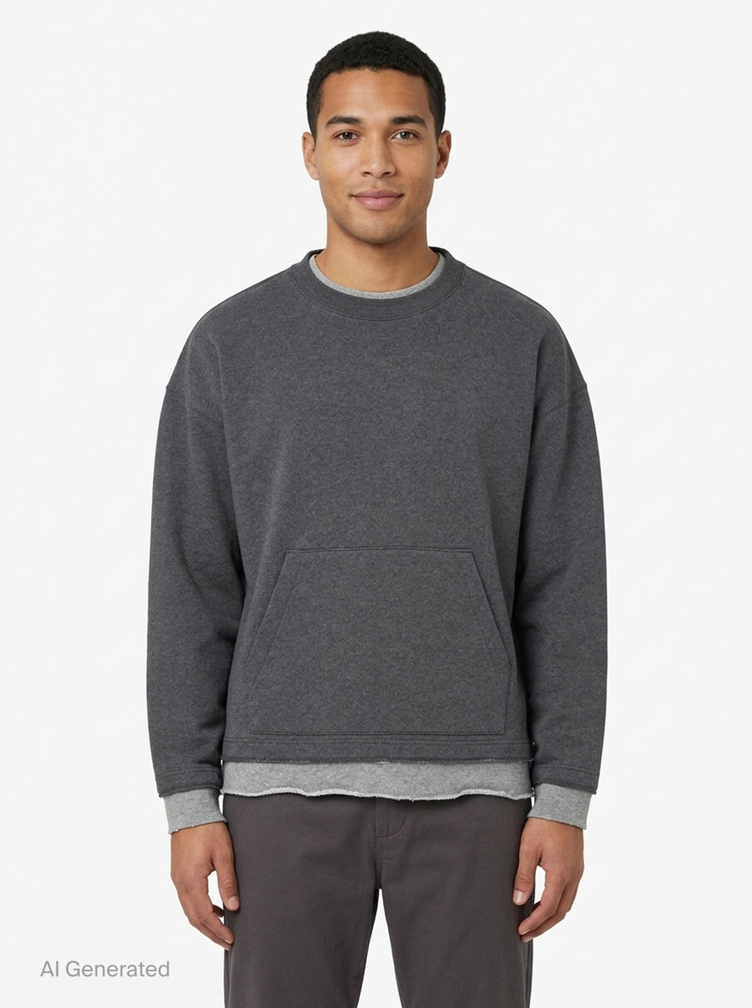 Mastermind Japan Cut-Off Boxy Crew Sweatshirt in charcoal grey with contrast raw-edge layered hem and cuffs, kangaroo pocket, and woven skull logo label at back neck - front