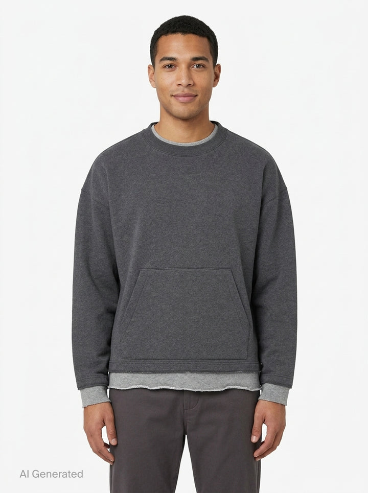 Mastermind Japan Cut-Off Boxy Crew Sweatshirt in charcoal grey with contrast raw-edge layered hem and cuffs, kangaroo pocket, and woven skull logo label at back neck - front