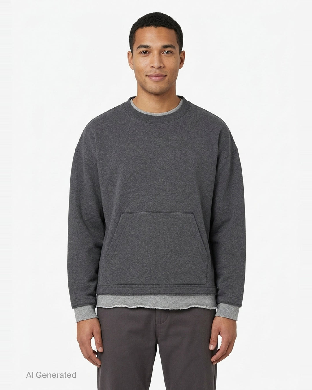 Mastermind Japan Cut-Off Boxy Crew Sweatshirt in charcoal grey with contrast raw-edge layered hem and cuffs, kangaroo pocket, and woven skull logo label at back neck - front