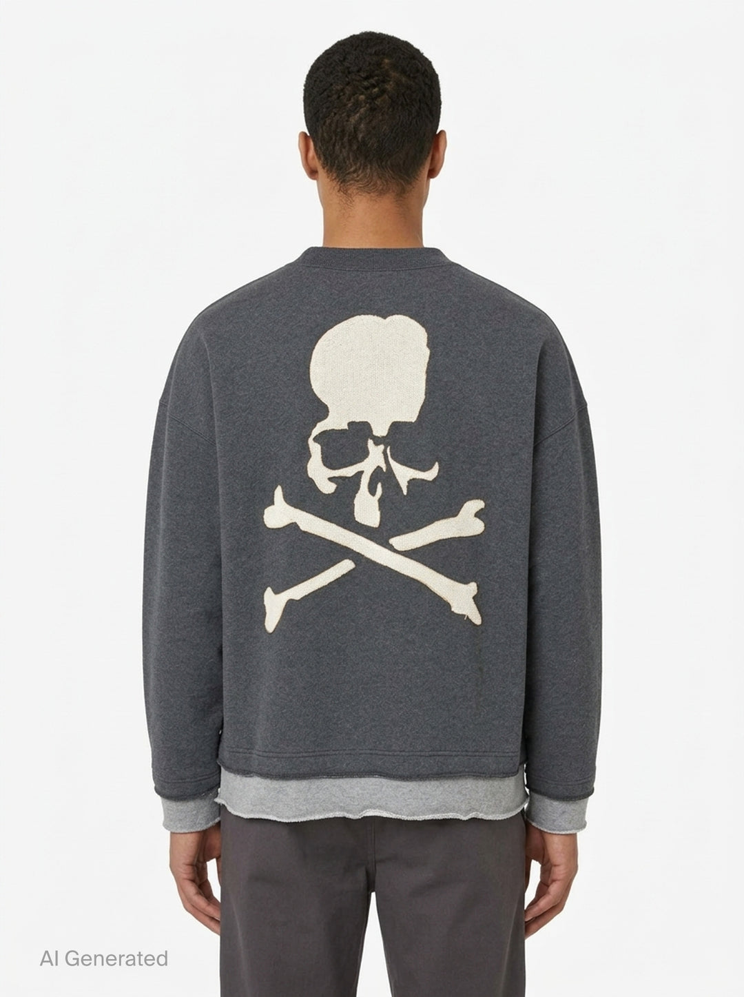 Mastermind Japan Cut-Off Boxy Crew Sweatshirt in charcoal grey with contrast raw-edge layered hem and cuffs, kangaroo pocket, and woven skull logo label at back neck - back