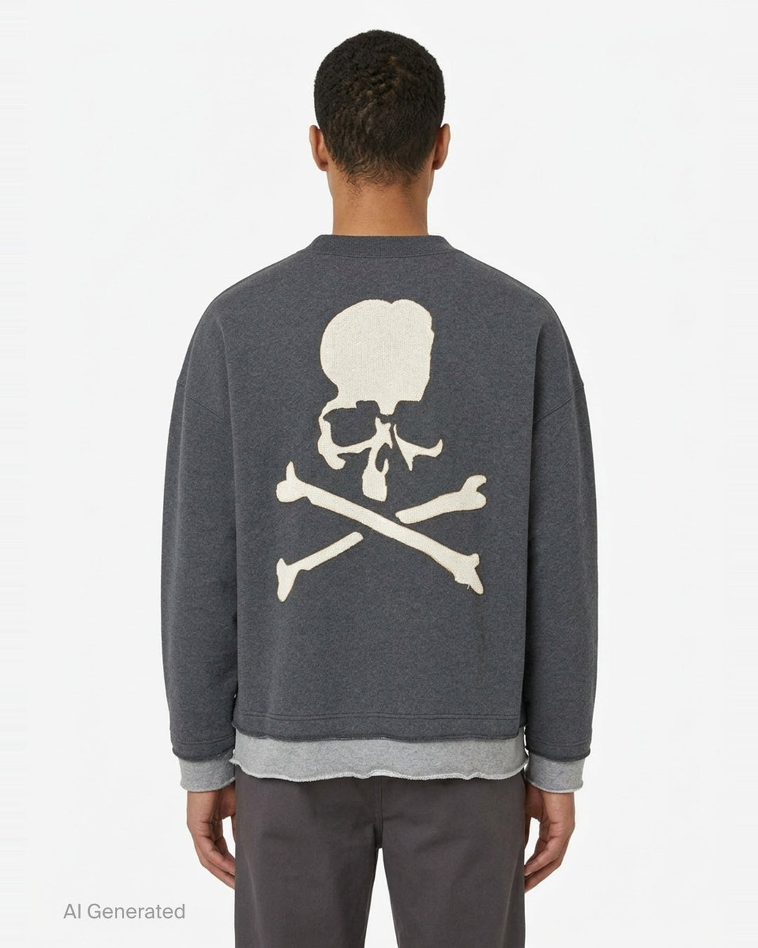 Mastermind Japan Cut-Off Boxy Crew Sweatshirt in charcoal grey with contrast raw-edge layered hem and cuffs, kangaroo pocket, and woven skull logo label at back neck - back
