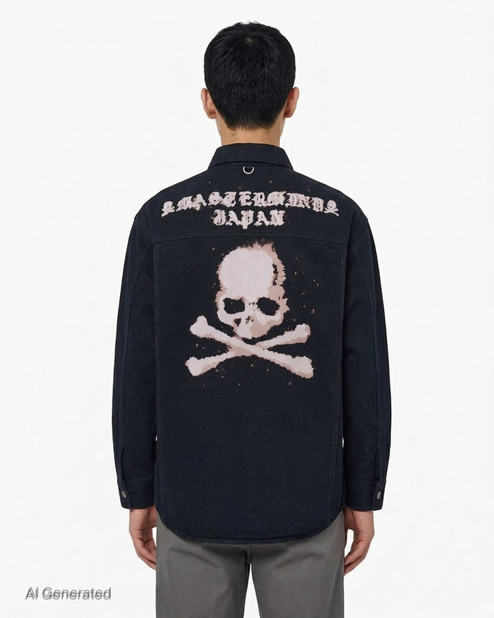 Mastermind washed black denim shirt jacket with pleated front, snap buttons and flap chest pocket - back