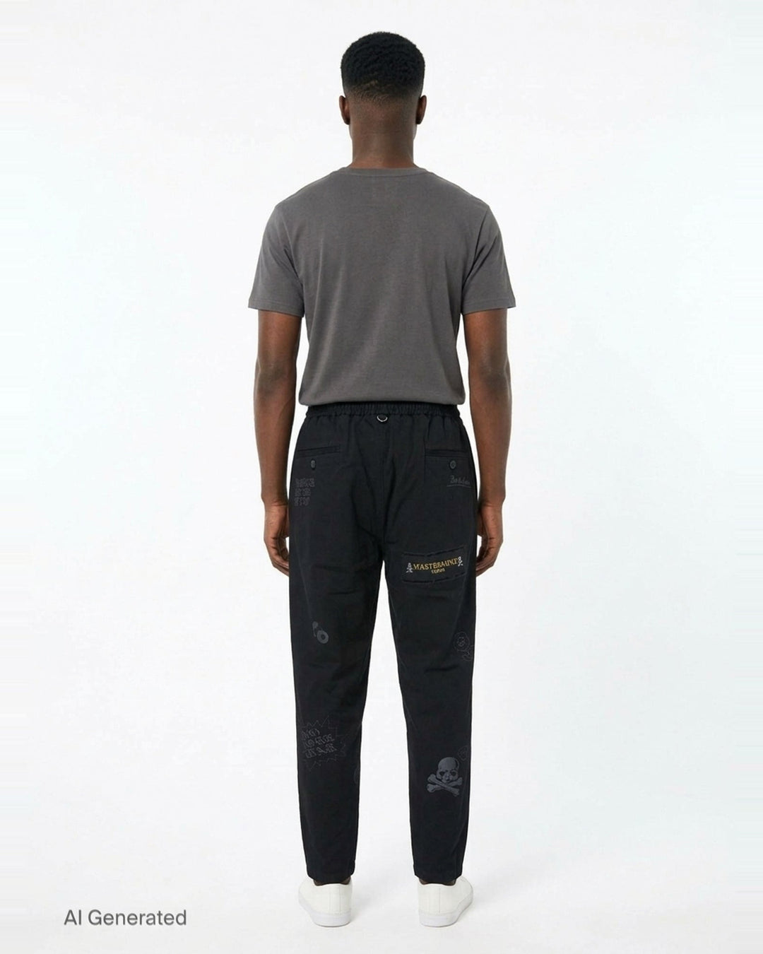 Mastermind Doodle Print Easy Pants in black with all-over graphic prints including skull-and-crossbones, yin-yang symbol, kanji script, and hand-scrawled text, featuring an elasticated drawstring waistband and tapered leg - back