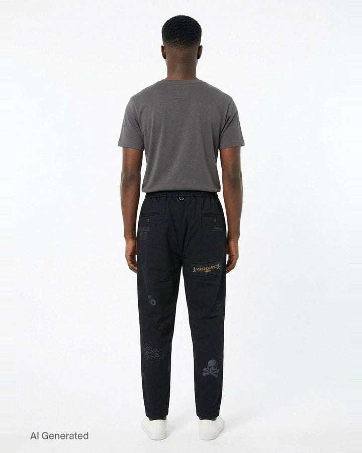 Mastermind Doodle Print Easy Pants in black with all-over graphic prints including skull-and-crossbones, yin-yang symbol, kanji script, and hand-scrawled text, featuring an elasticated drawstring waistband and tapered leg - back