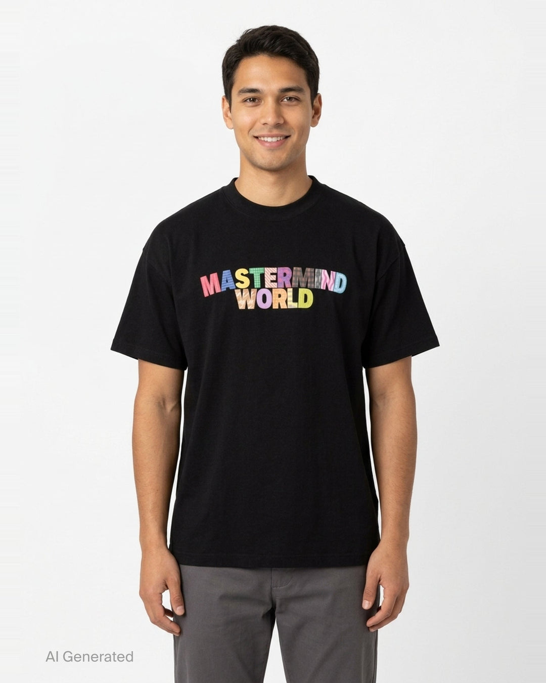 Mastermind World black boxy short sleeve tee with multicolour plaid-patterned arched logo wordmark printed across the chest - front