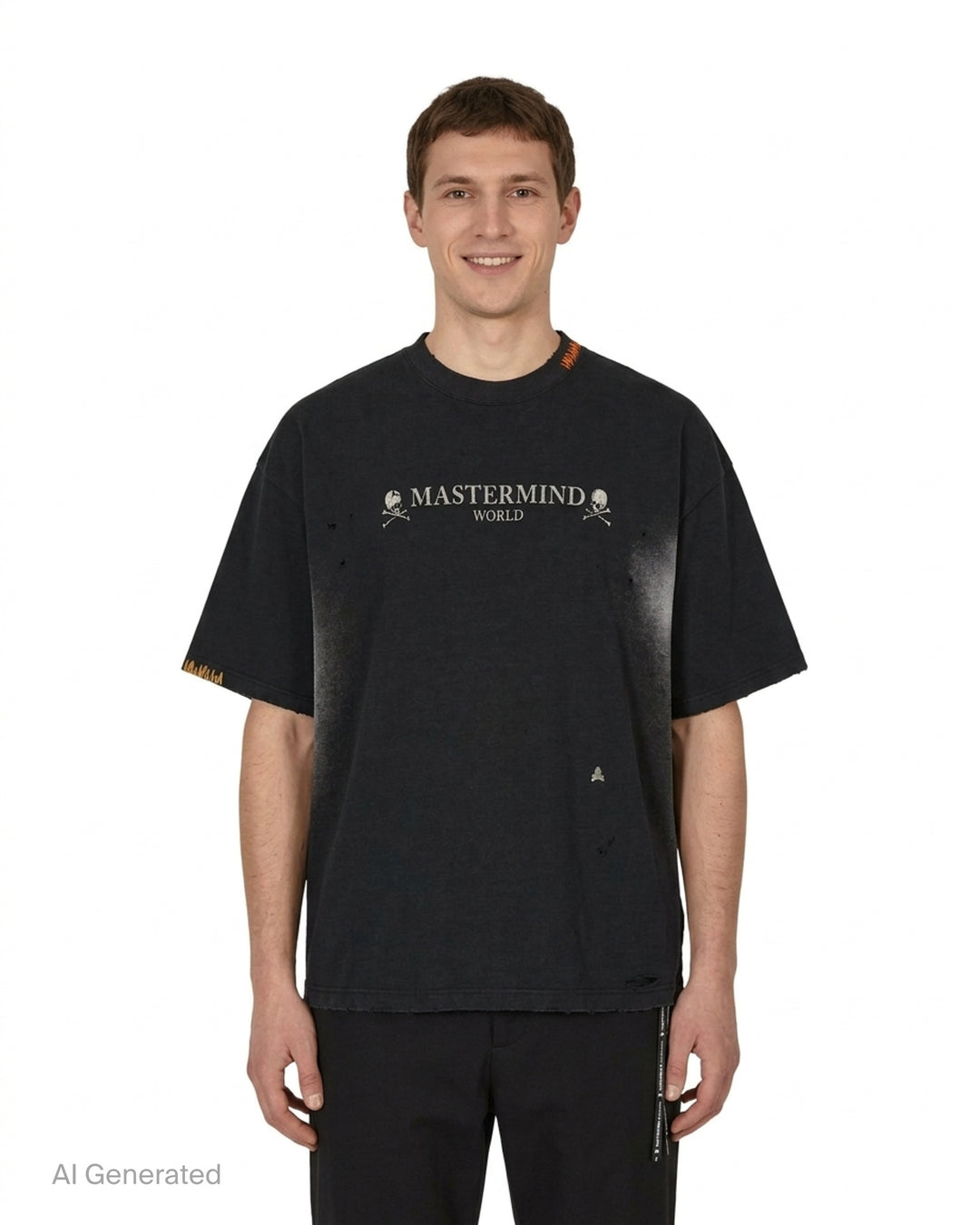 Mastermind OG Vintage boxy short sleeve tee in faded black with distressed details, contrast hand-stitched collar trim and Mastermind World skull logo print - front