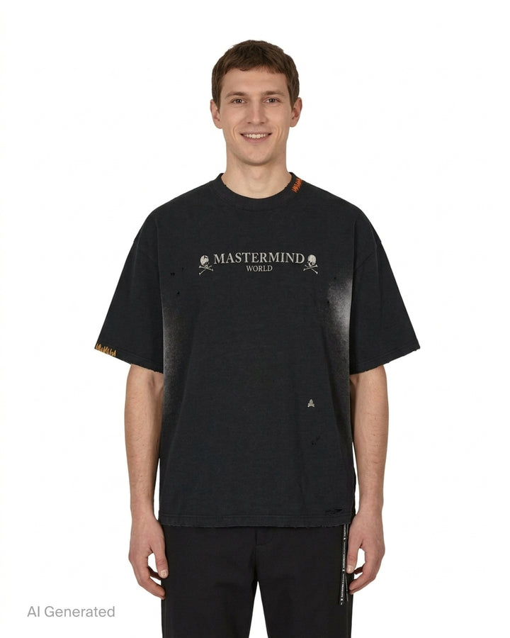 Mastermind OG Vintage boxy short sleeve tee in faded black with distressed details, contrast hand-stitched collar trim and Mastermind World skull logo print - front