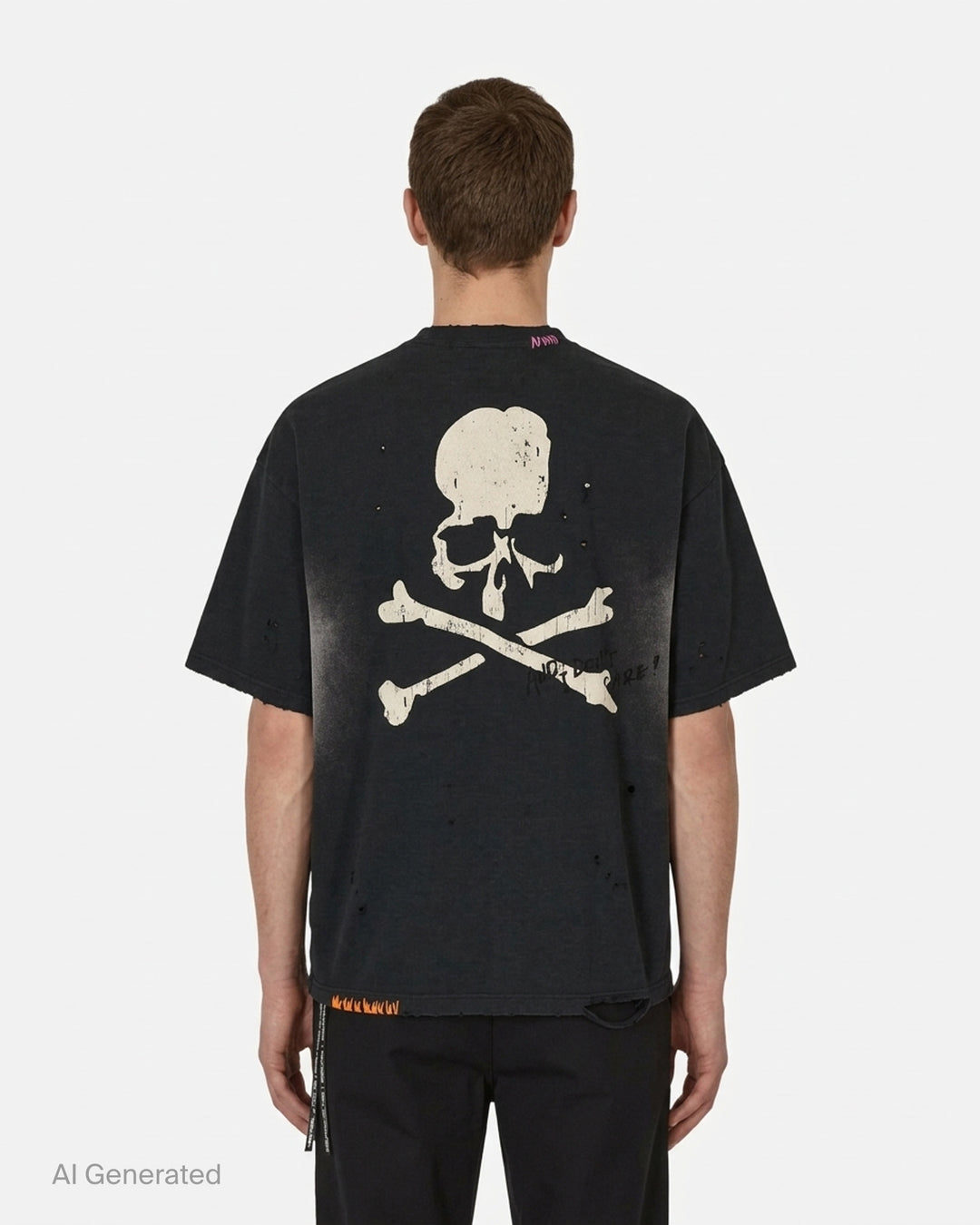 Mastermind OG Vintage boxy short sleeve tee in faded black with distressed details, contrast hand-stitched collar trim and Mastermind World skull logo print - back