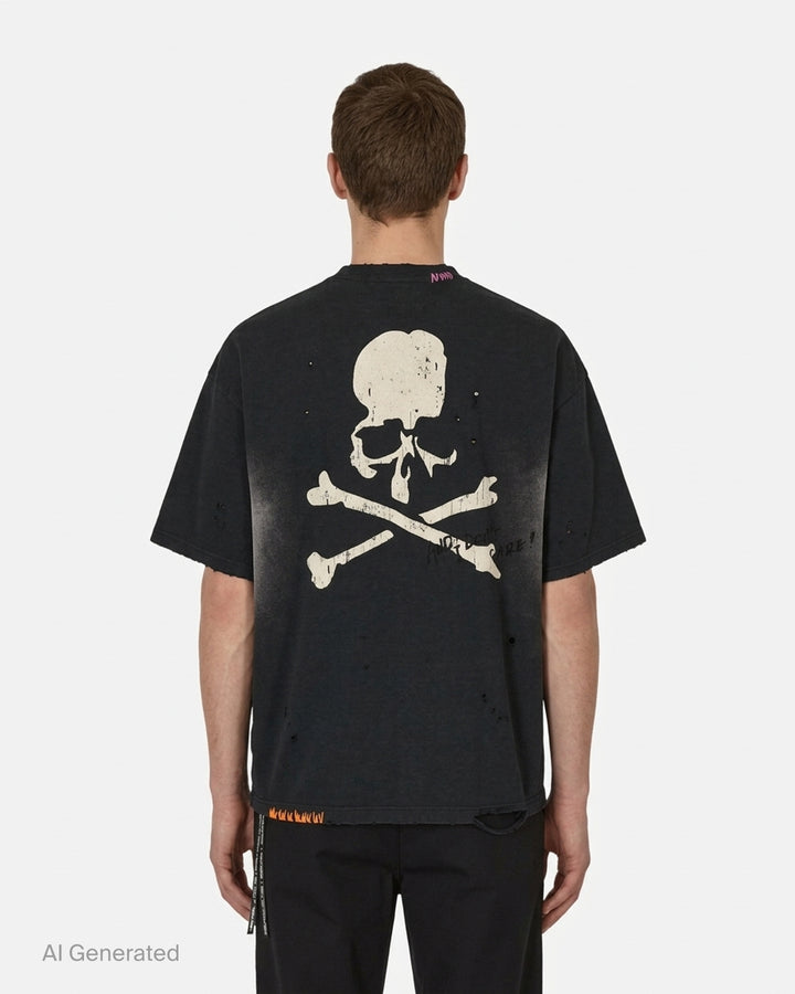 Mastermind OG Vintage boxy short sleeve tee in faded black with distressed details, contrast hand-stitched collar trim and Mastermind World skull logo print - back
