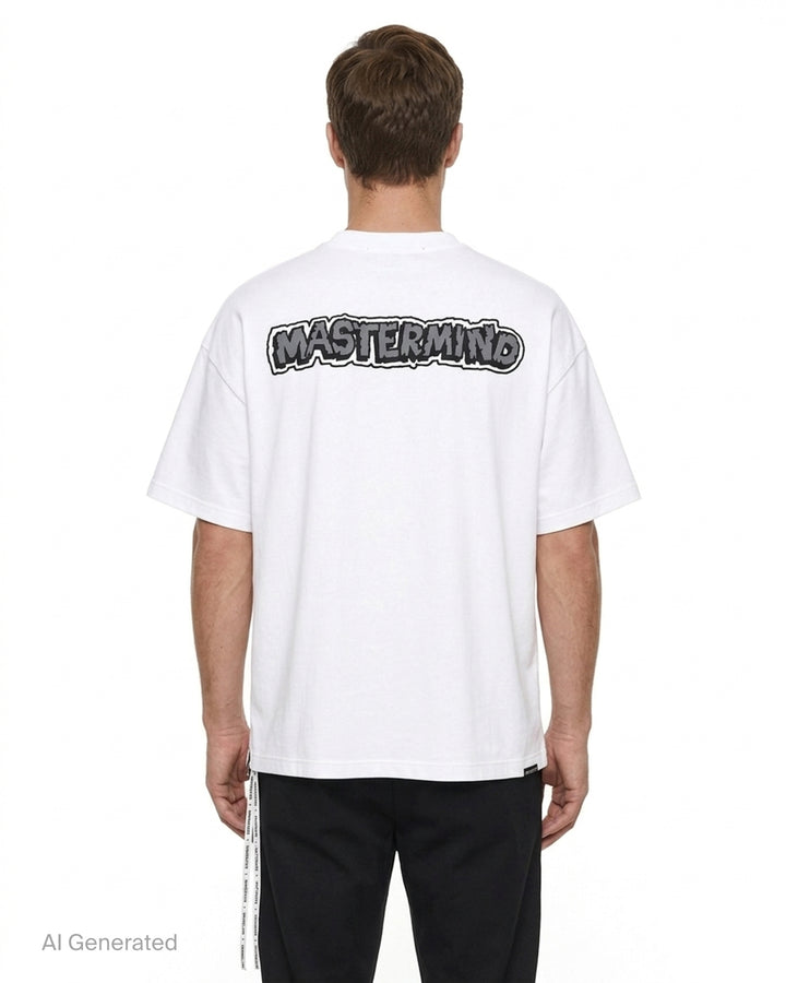 Mastermind white short sleeve tee with a large black and grey skull and crossbones graphic and MASTER MIND lettering - back
