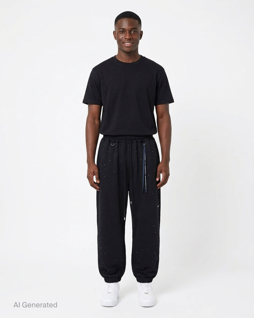 Mastermind black jersey joggers embellished with scattered Swarovski crystals, with drawstring waist, D-ring and ribbon tassel detail - front