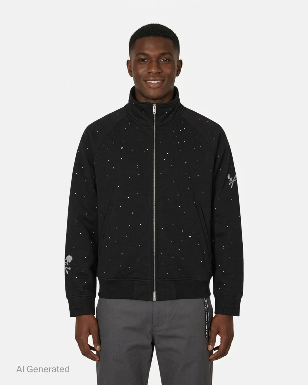 Mastermind black jersey track jacket embellished with scattered Swarovski crystals and crystal skull-and-crossbones motifs on the sleeves - front
