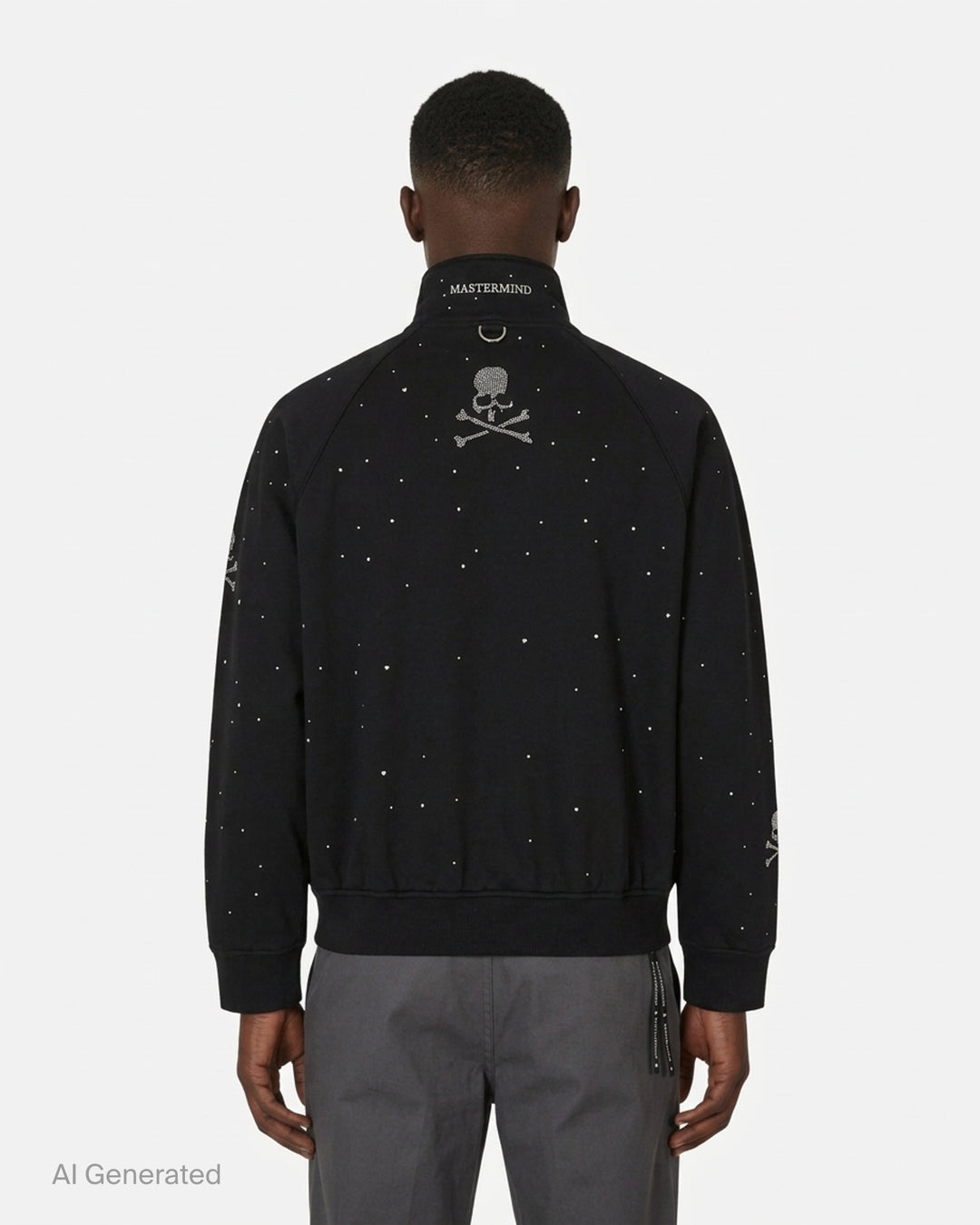 Mastermind black jersey track jacket embellished with scattered Swarovski crystals and crystal skull-and-crossbones motifs on the sleeves - back