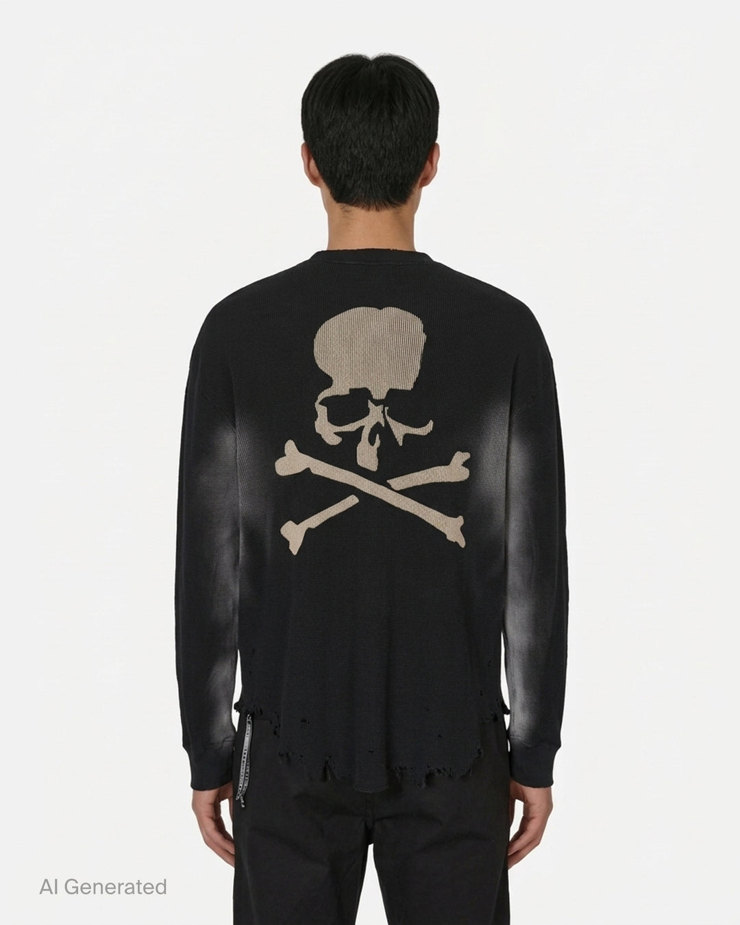 Mastermind black vintage waffle long sleeve tee with 'Too boring...' slogan print and distressed raw hem - back