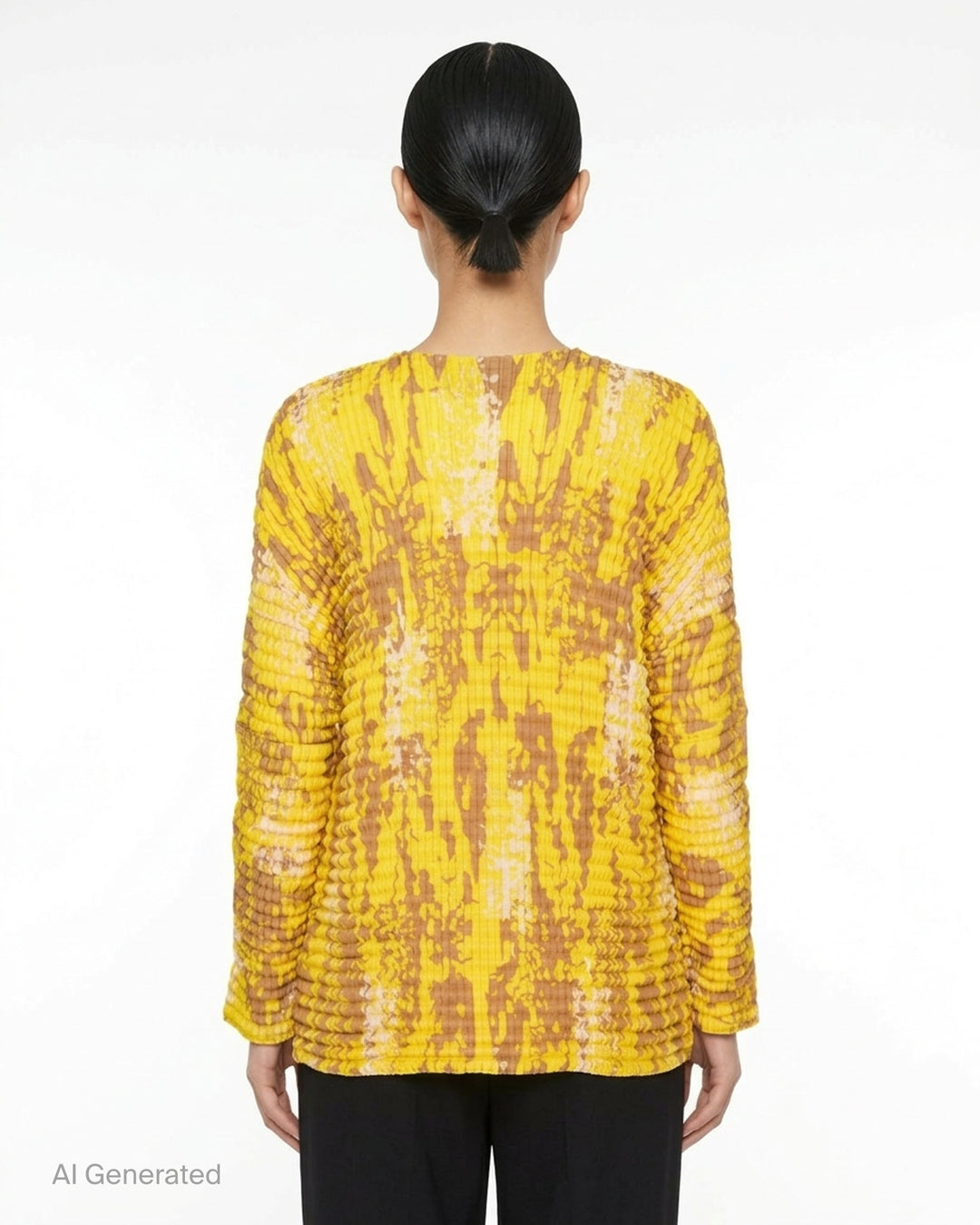 me Issey Miyake Leaf Pleats long sleeve crew neck top in yellow with tan and cream abstract print, shown flat against a white background - back