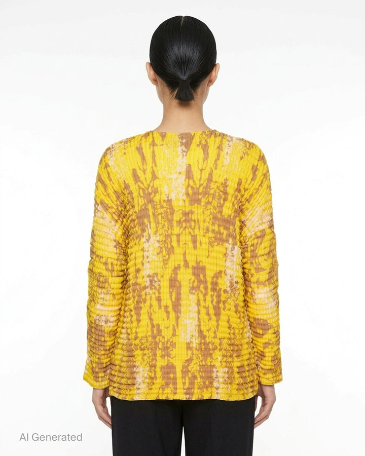 me Issey Miyake Leaf Pleats long sleeve crew neck top in yellow with tan and cream abstract print, shown flat against a white background - back